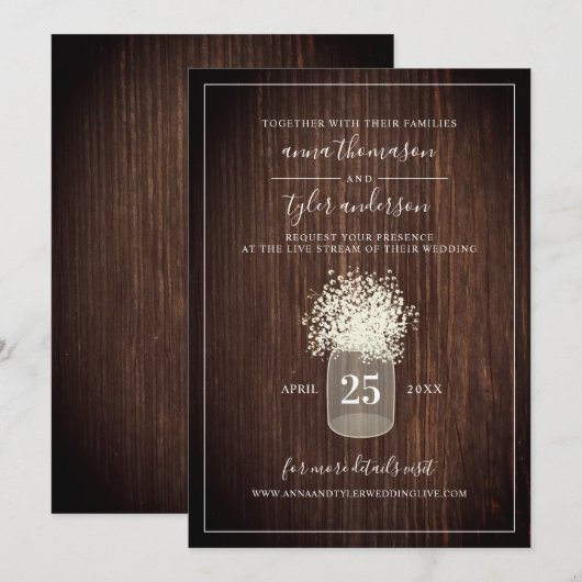 Live Stream Virtual Wedding Rustic Mason Jar Wood Einladung (Vorne/Hinten)
