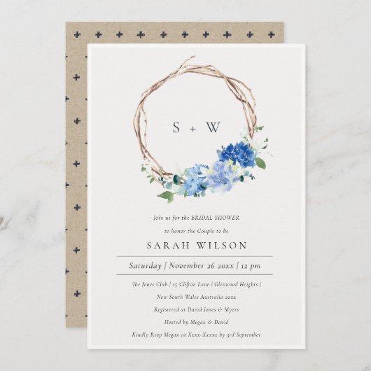 Lively Blue Floral Wreath Brautparty Dankeskarte (Vorne/Hinten)