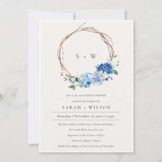 Lively Blue Floral Wreath Couples Dusche laden ein Dankeskarte (Vorderseite)