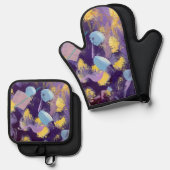 Lively, Purple and Yellow, Abstract Art  Ofenhandschuh & Topflappen-Set (Vorderseite/Rückseite)