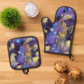 Lively purple, blue, and gold abstract art holiday ofenhandschuh & Topflappen-Set (Oben Unten)