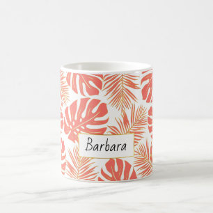 Living coral and gold tropical Blätter und Name Kaffeetasse