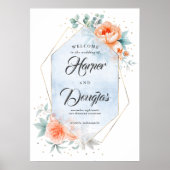 Living Coral Dusty Blue Flora Hochzeit Begrüßungsz Poster (Vorne)