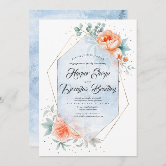 Living Coral Dusty Blue Floral Engagement Party Einladung (Vorne/Hinten)