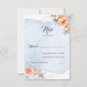 Living Coral Dusty Blue Floral Wedding RSVP Karte