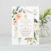 Living Coral Floral Frame Glitzer Taufe Einladung (Stehend Vorderseite)