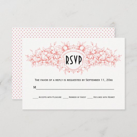 Living coral floral heraldic Wappen Hochzeit RSVP (Vorne/Hinten)
