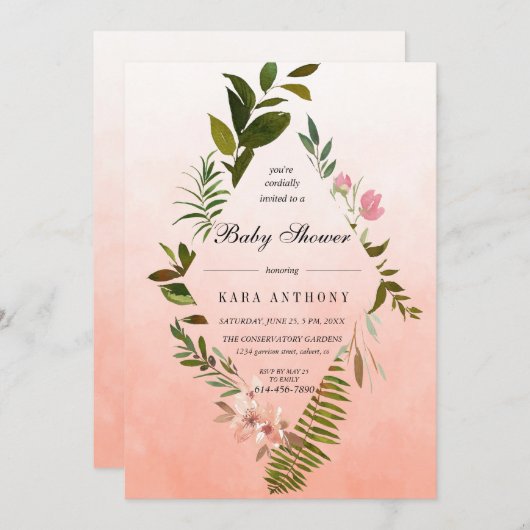 Living Coral Ombre Forest Fern Baby Dusche Einladung (Vorne/Hinten)