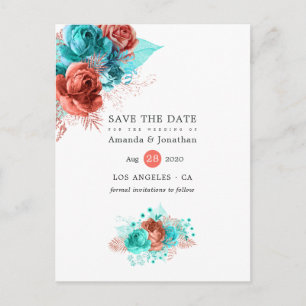 Living Coral und Türkis Wedding Save the Date Ankündigungspostkarte
