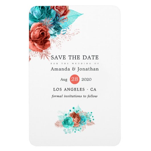 Living Coral und Türkis Wedding Save the Date Magnet (Vertikal)