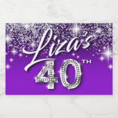 Liza's 40. Geburtstag Silberter Glitzer Lila Schaumweinetikett (Einzelnes Label)