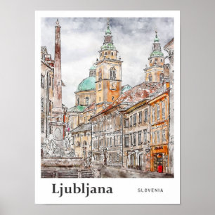 Ljubljana Slowenien Reisen Wasserfarben Hand gezog Poster