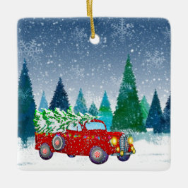 LKW mit Weihnachtsbaum in der Weihnachtsfarm Keramikornament