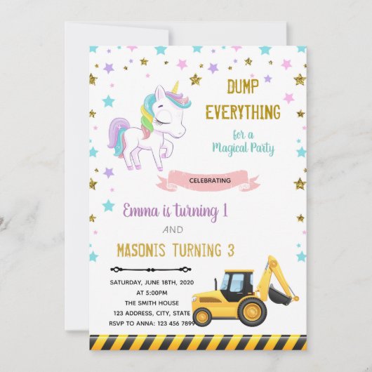 LKW- und Einhorn-Geburtstagsladung Einladung (Vorderseite)