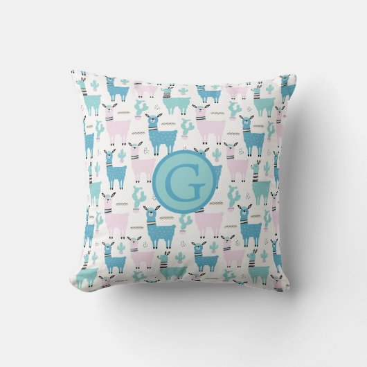 Llama Alapaca Animal Monogram Blue Pink Animals Kissen (Vorderseite)