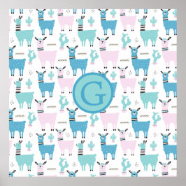 Llama Alapaca Animal Monogram Blue Pink Animals Poster