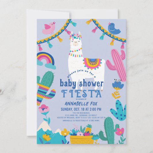 Llama Alpaca Cactus Fiesta Blue Boy Baby Dusche Einladung (Vorderseite)