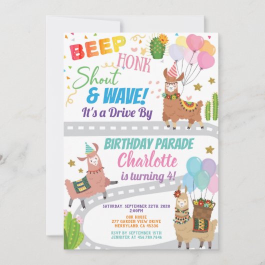 Llama Alpaca Drive Through Birthday Party Parade Einladung (Vorderseite)