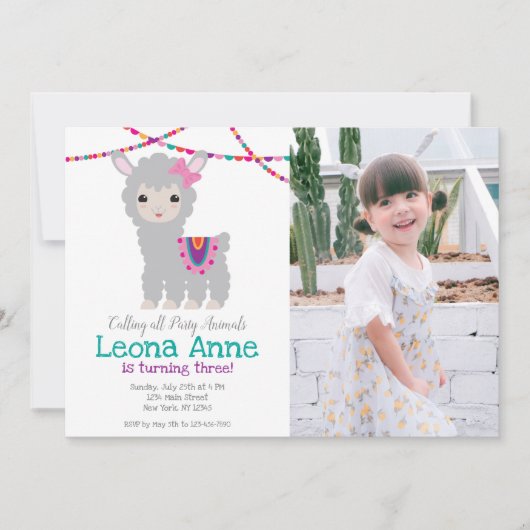 Llama Alpaca Geburtstag Einladung mit Bild (Vorderseite)