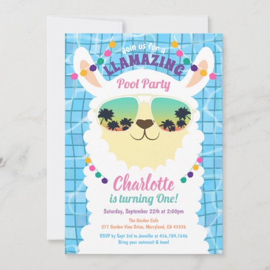 Llama Alpaca Pool Party Kindergeburtstag Einladung (Vorderseite)