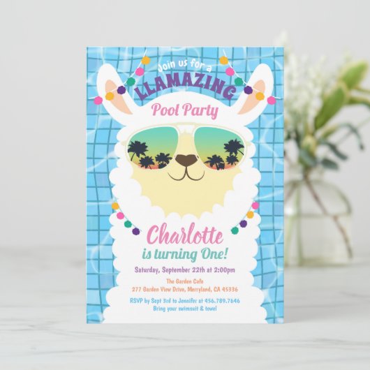 Llama Alpaca Pool Party Kindergeburtstag Einladung (Stehend Vorderseite)