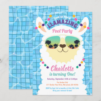 Llama Alpaca Pool Party Kindergeburtstag Einladung