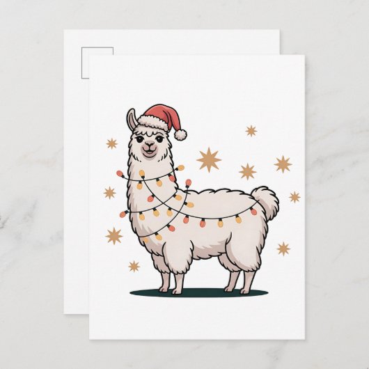 Llama Alpaca With Santa Hat And Christmas Light Ankündigungspostkarte (Vorne/Hinten)