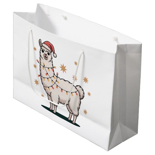 Llama Alpaca With Santa Hat And Christmas Light Große Geschenktüte (Vorderseite Schrägansicht)
