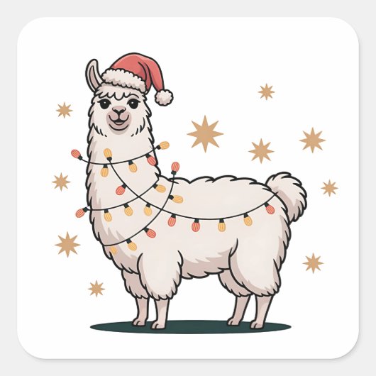 Llama Alpaca With Santa Hat And Christmas Light Quadratischer Aufkleber (Vorderseite)