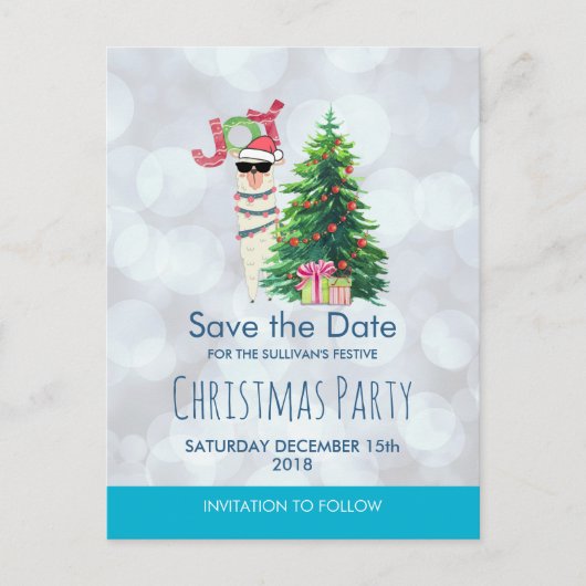 Llama auf Silver Bokeh & Icy Blue Save the Date Postkarte (Vorderseite)