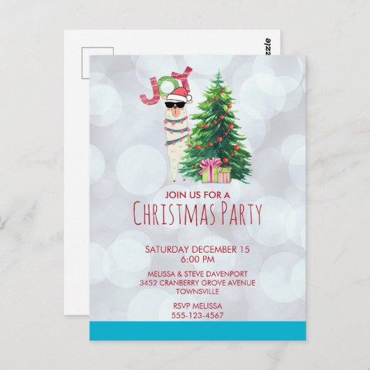 Llama auf Silver Bokeh & Icy Blue Weihnachts-Party Postkarte (Vorne/Hinten)