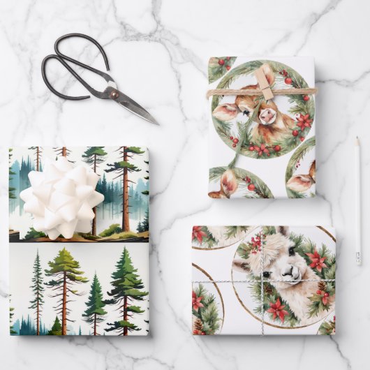 Llama, Baby Deer & Pine Trees, Urlaub, Weihnachten Geschenkpapier Set (Vorderseite)
