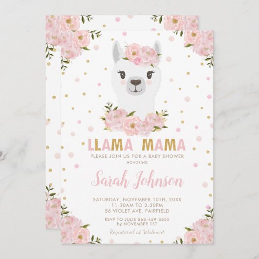 Llama Baby Dusche Blush Floral Einladung (Vorne/Hinten)