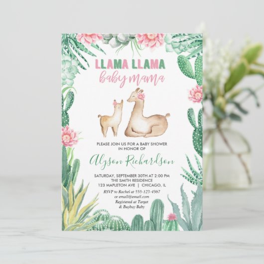 Llama Baby Dusche Einladung, Baby mama Einladung (Stehend Vorderseite)