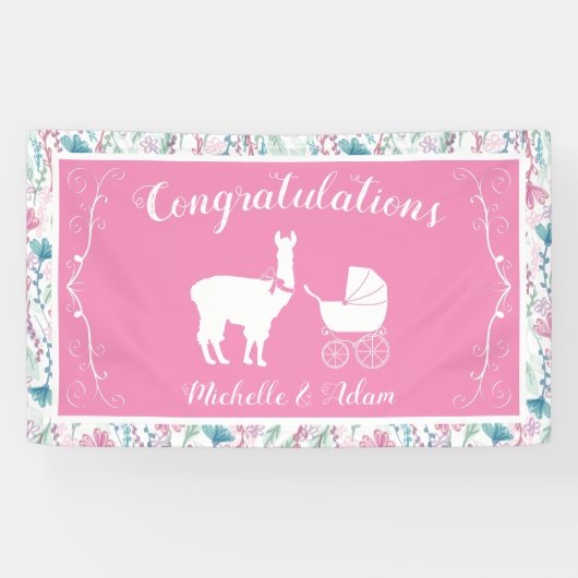 Llama Baby Dusche Niedlich Pink Girl Banner (Horizontal)
