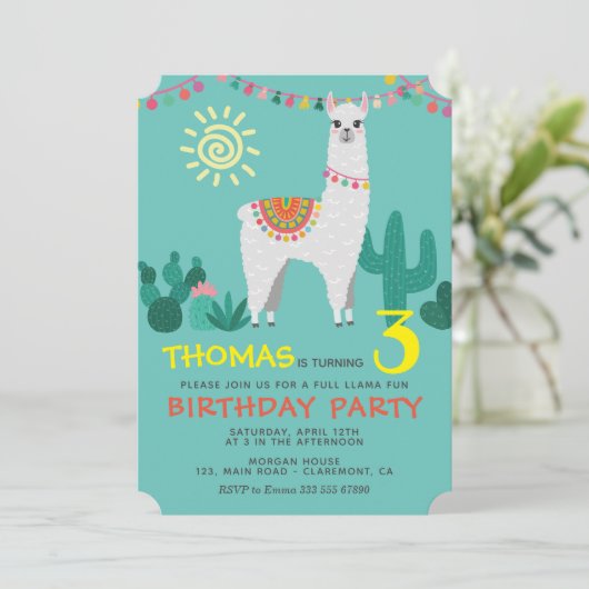 Llama Birthday Boy Einladung (Stehend Vorderseite)