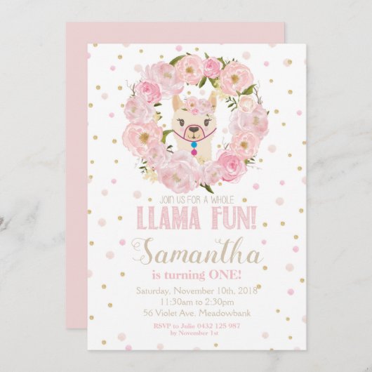 Llama Birthday Einladung Blush Floral Girl (Vorne/Hinten)