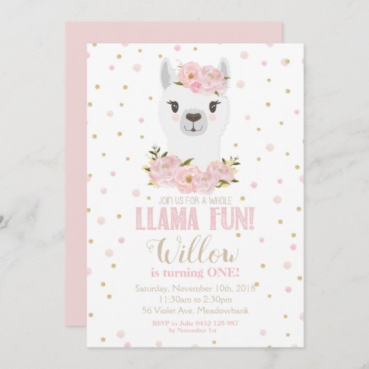 Llama Birthday Einladung Blush Floral Girl (Vorne/Hinten)
