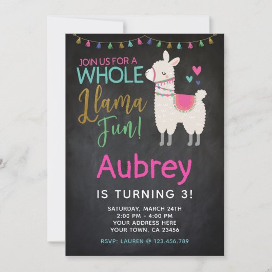 Llama Birthday Einladung - Chalkboard (Vorderseite)