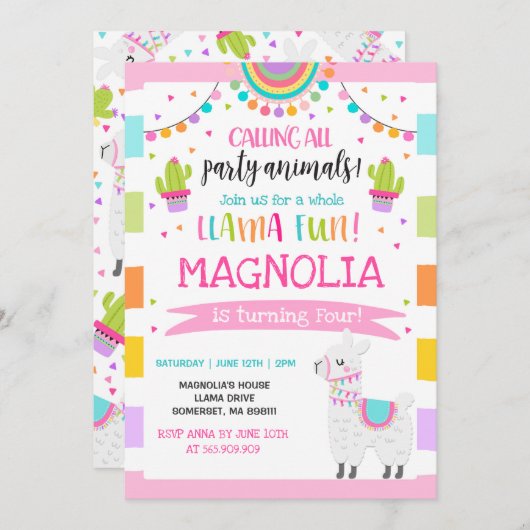 Llama Birthday Einladung Ganzes Llama Fun Party (Vorne/Hinten)