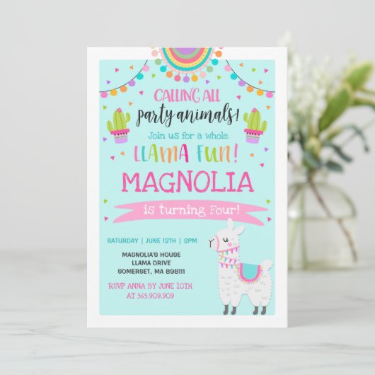 Llama Birthday Einladung Ganzes Llama Fun Party (Stehend Vorderseite)