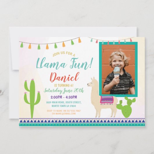 Llama Birthday Foto Cactus Party Fiesta Einladung (Vorderseite)