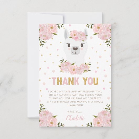 Llama Birthday Party Blues Pink Floral Dankeskarte (Vorderseite)