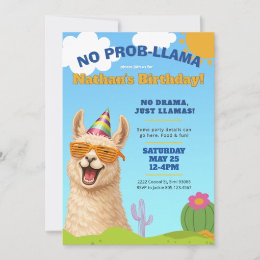 Llama Birthday Party Invite, No Prob-Llama Einladung (Vorderseite)