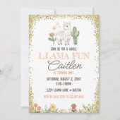 Llama Cactus Birthday Gold Glitzer Einladung (Vorderseite)