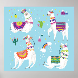 Llama & Cactus: Niedliches Vintages Set Poster