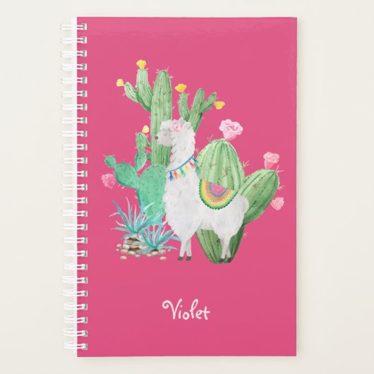 Llama Cactus Watercolor Scene Hot Pink Planer (Vorderseite)