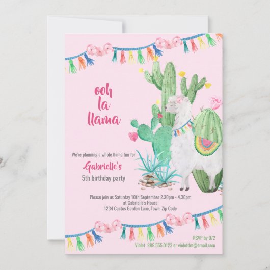 Llama Cactus Whole Llama Fun Girls Birthday Party Einladung (Vorderseite)