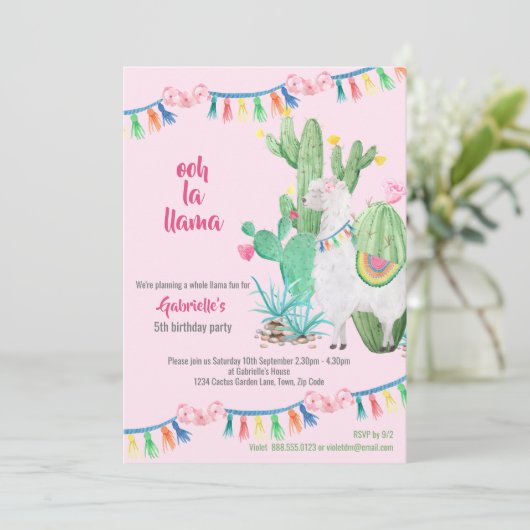 Llama Cactus Whole Llama Fun Girls Birthday Party Einladung (Stehend Vorderseite)