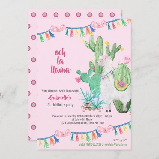 Llama Cactus Whole Llama Fun Girls Birthday Party Einladung (Vorne/Hinten)